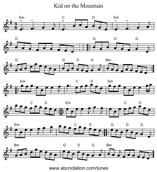 Kid on the Mountain - staff notation