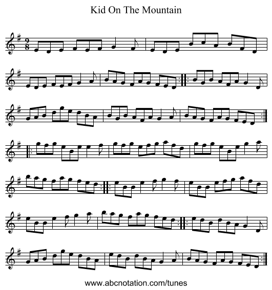 Kid On The Mountain - staff notation