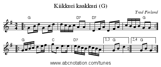 Kiikkuri kaakkuri (G) - staff notation