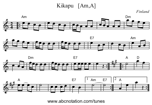 Kikapu   [Am,A] - staff notation