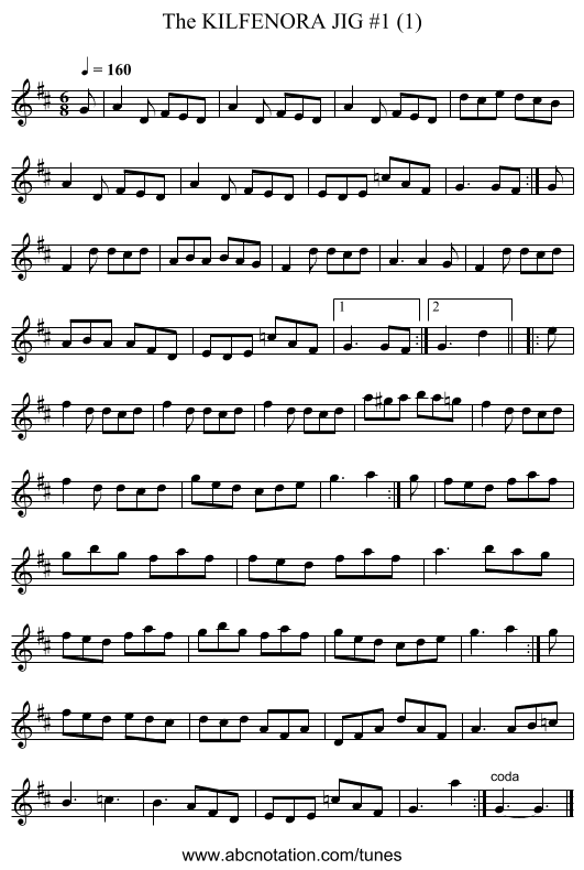 KILFENORA JIG #1 (1), The - staff notation