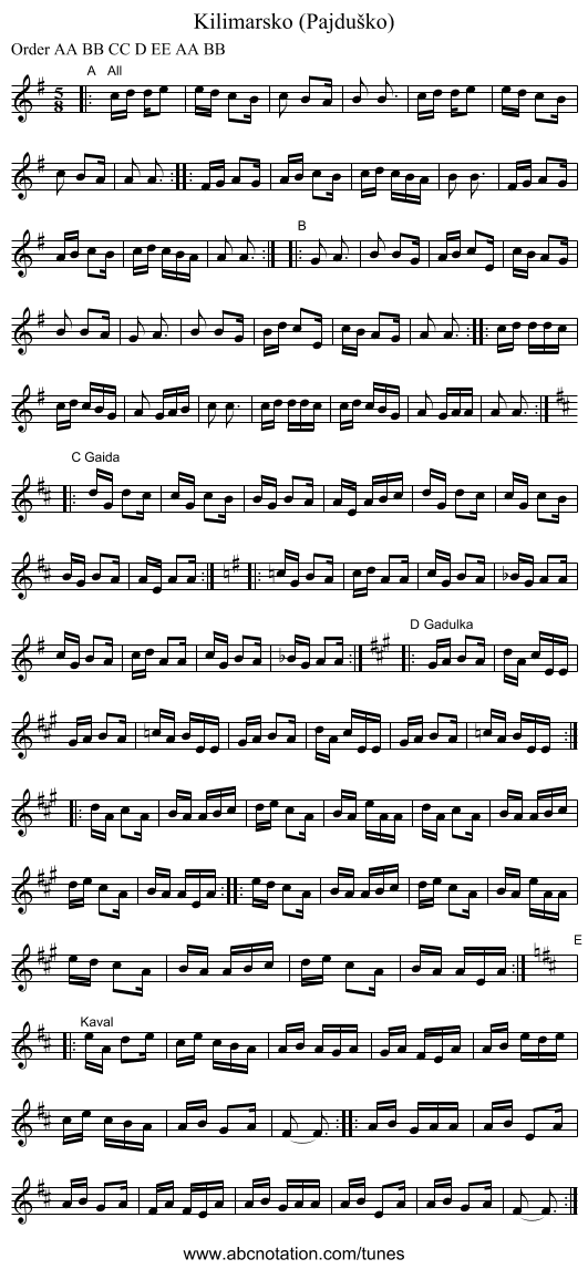 Kilimarsko (Pajdu&scaron;ko) - staff notation