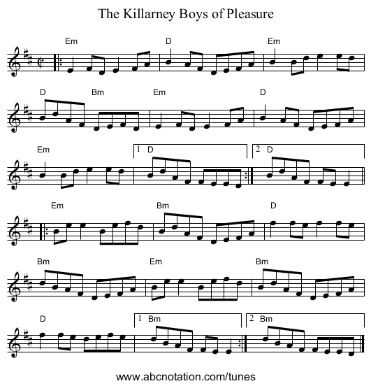 Killarney Boys of Pleasure, The - staff notation