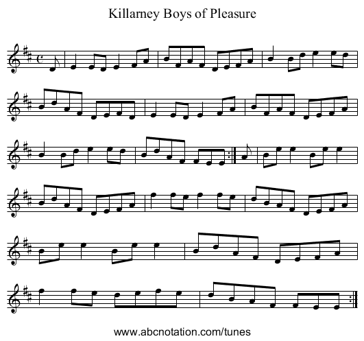 Killarney Boys of Pleasure - staff notation