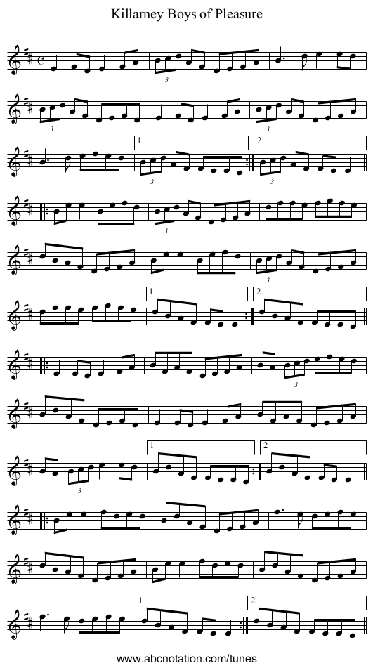 Killarney Boys of Pleasure - staff notation