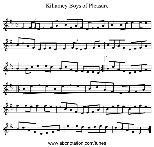 Killarney Boys of Pleasure - staff notation