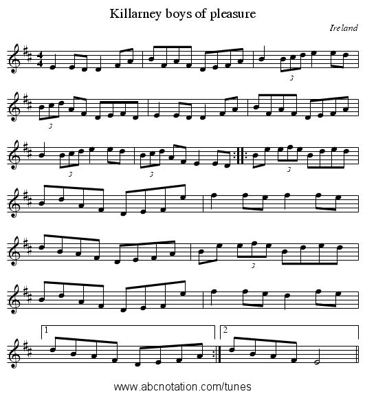 Killarney boys of pleasure - staff notation