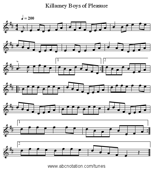 Killarney Boys of Pleasure - staff notation