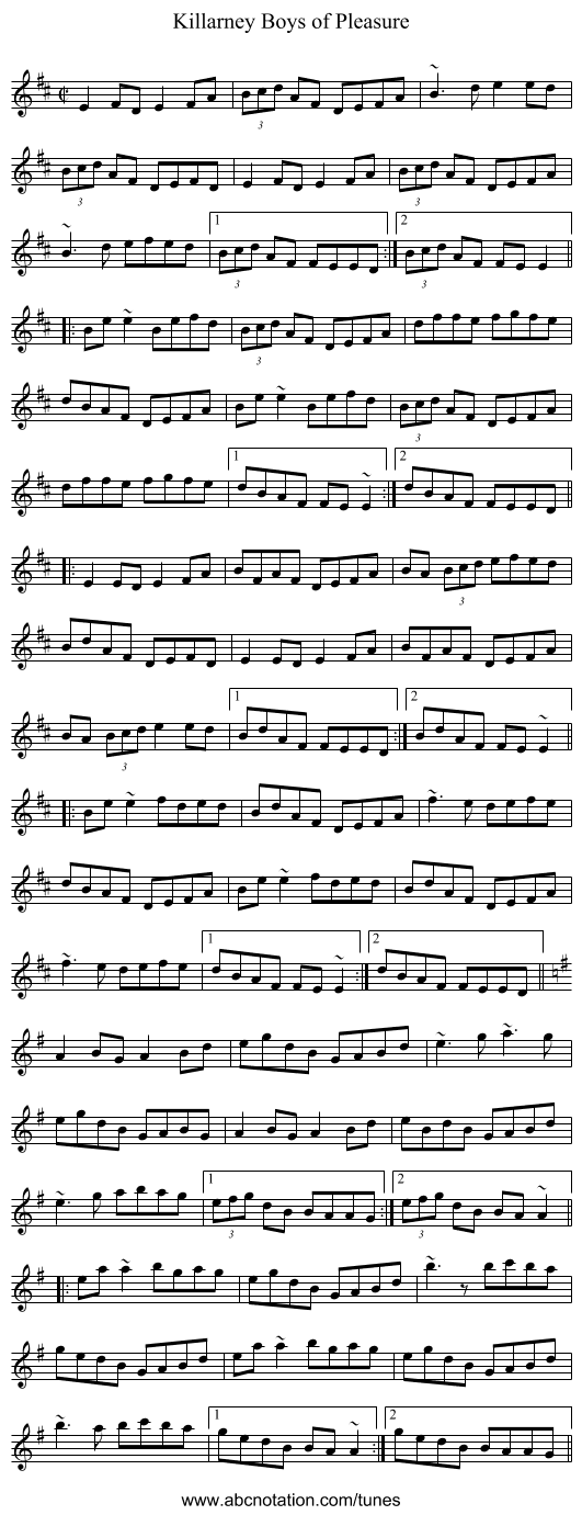 Killarney Boys of Pleasure - staff notation