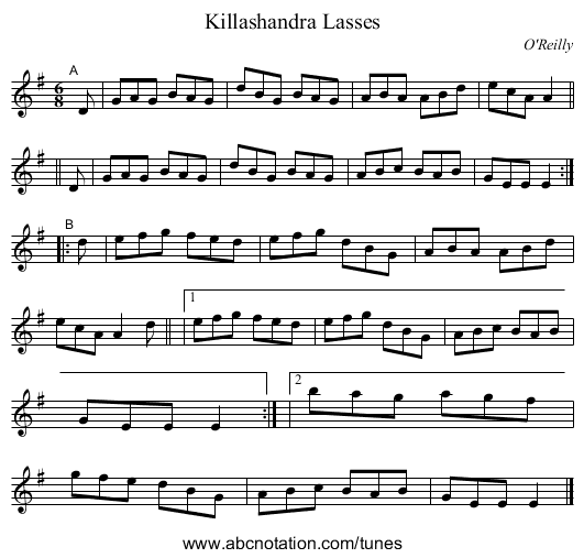 Killashandra Lasses - staff notation