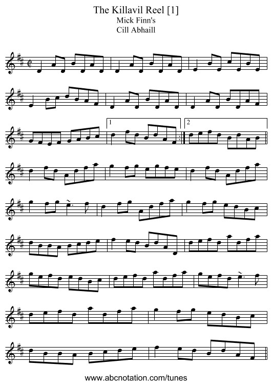 Killavil Reel [1], The - staff notation