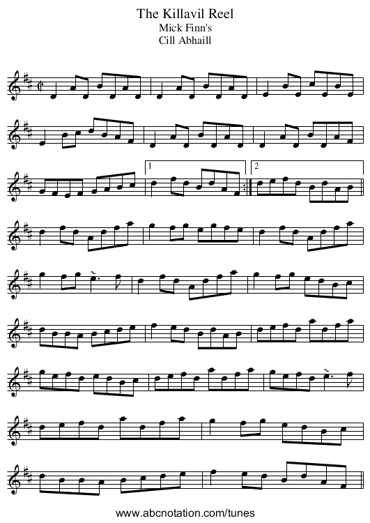 Killavil Reel, The - staff notation