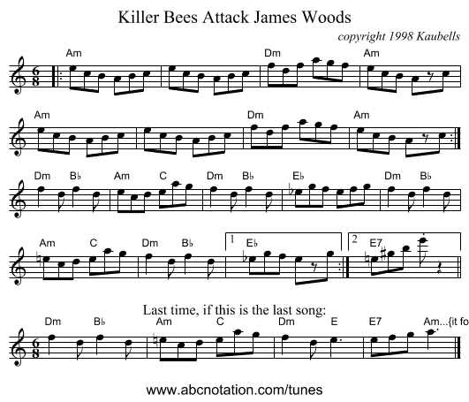 Killer Bees Attack James Woods - staff notation