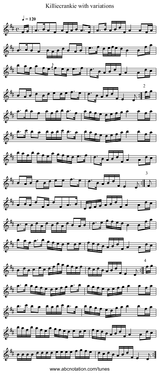 Killiecrankie with variations - staff notation