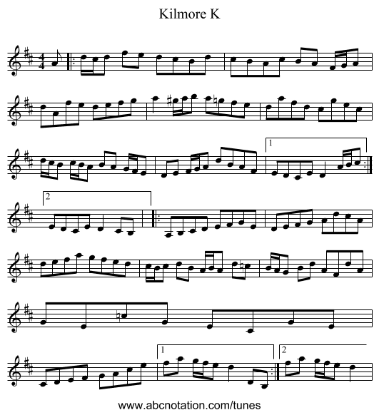Kilmore K - staff notation