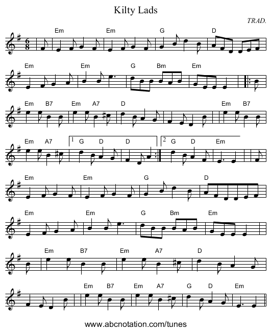 Kilty Lads - staff notation