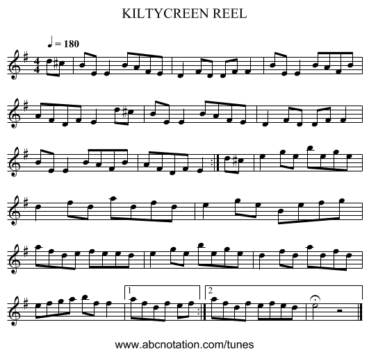 KILTYCREEN REEL - staff notation