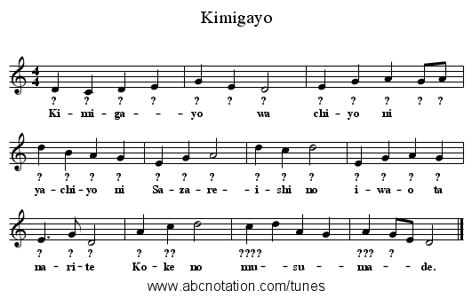 Kimigayo - staff notation