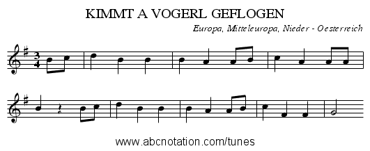 KIMMT A VOGERL GEFLOGEN - staff notation