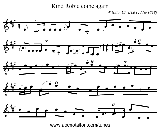 Kind Robie come again - staff notation