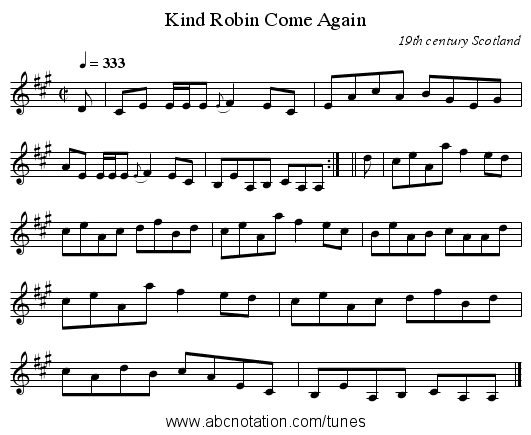 Kind Robin Come Again - staff notation