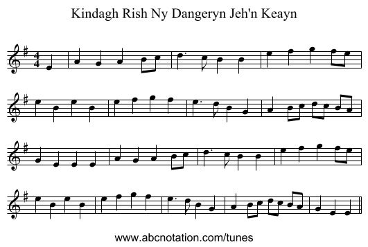 Kindagh Rish Ny Dangeryn Jeh'n Keayn - staff notation
