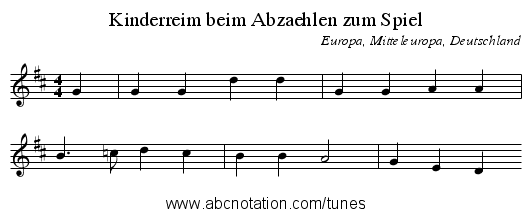 Kinderreim beim Abzaehlen zum Spiel - staff notation