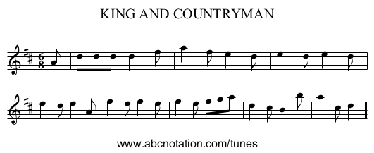 KING AND COUNTRYMAN - staff notation