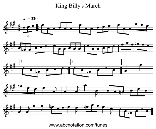 King Billy's March - staff notation