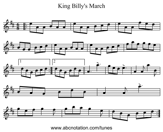King Billy's March - staff notation