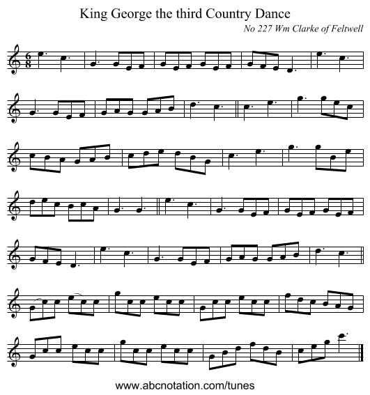 King George the third Country Dance - staff notation
