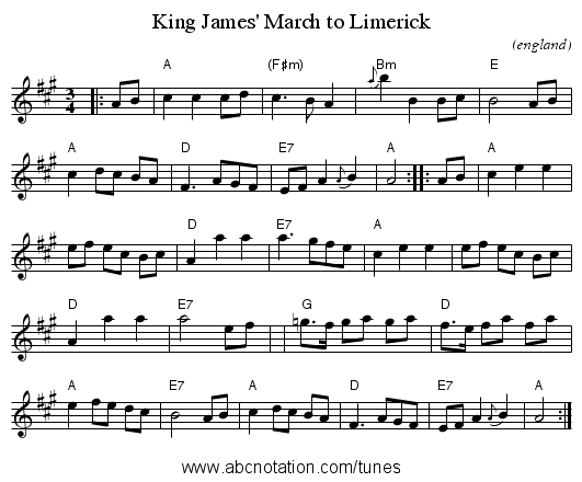 King James' March to Limerick - staff notation