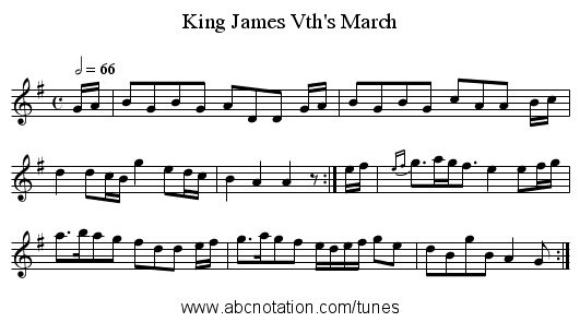 King James Vth's March - staff notation
