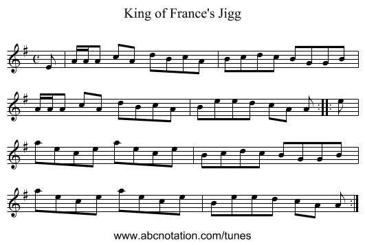 King of France's Jigg - staff notation