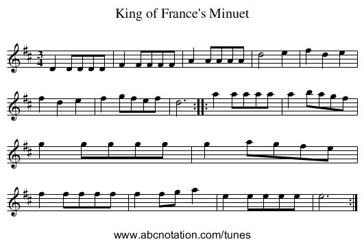 King of France's Minuet - staff notation