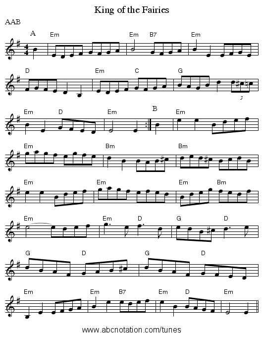 King of the Fairies - staff notation