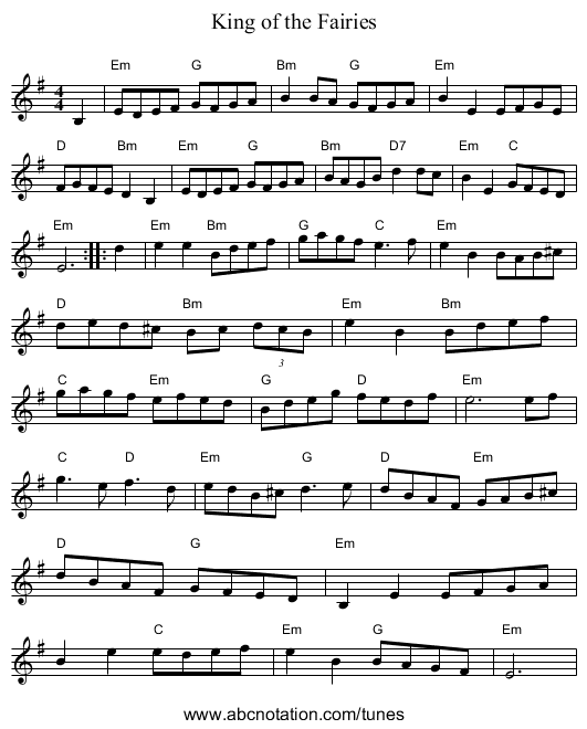 King of the Fairies - staff notation