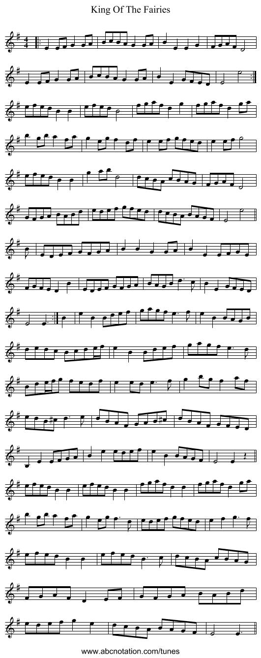 King Of The Fairies - staff notation