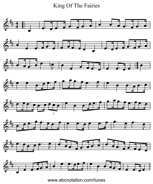 King Of The Fairies - staff notation