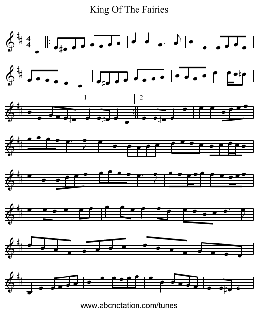 King Of The Fairies - staff notation