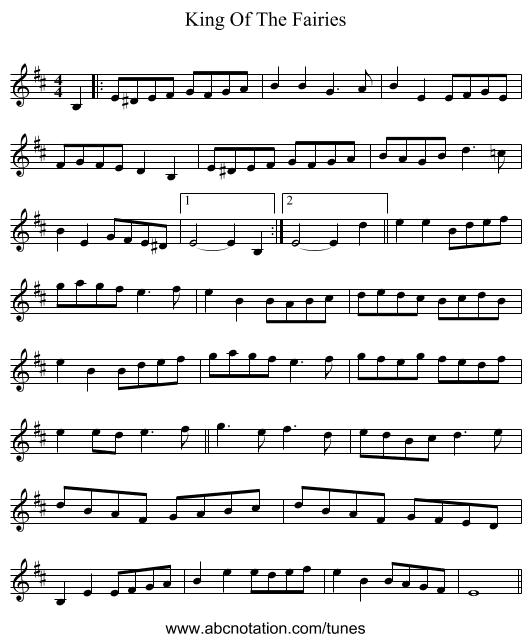 King Of The Fairies - staff notation