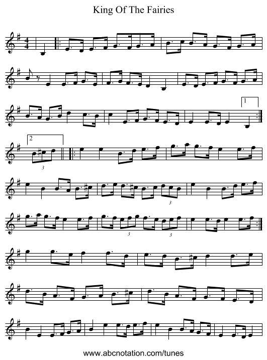 King Of The Fairies - staff notation