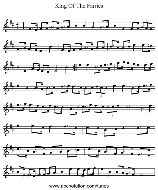 King Of The Fairies - staff notation