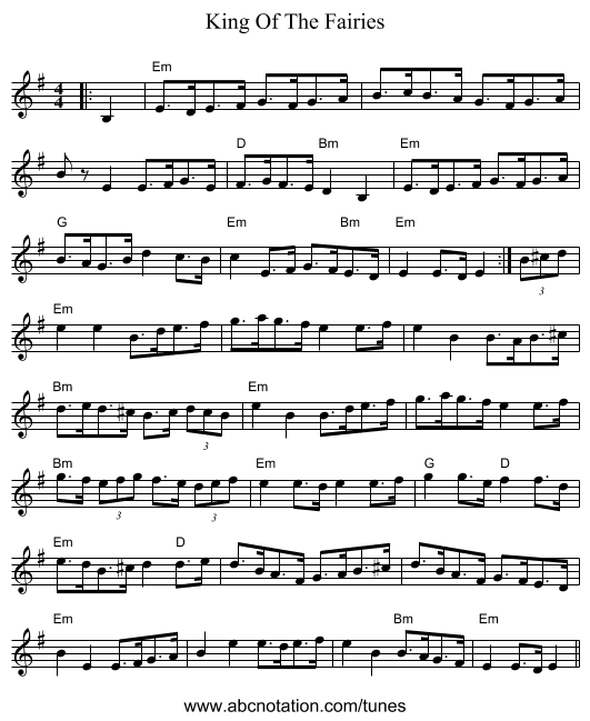 King Of The Fairies - staff notation