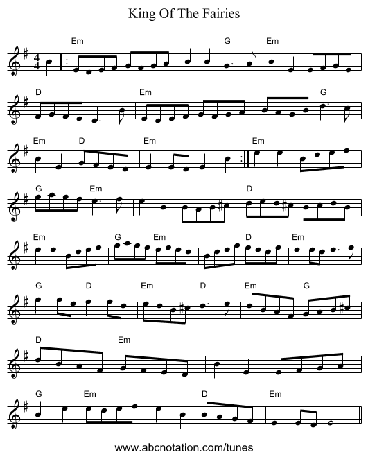 King Of The Fairies - staff notation