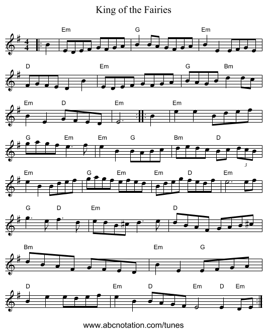 King of the Fairies - staff notation