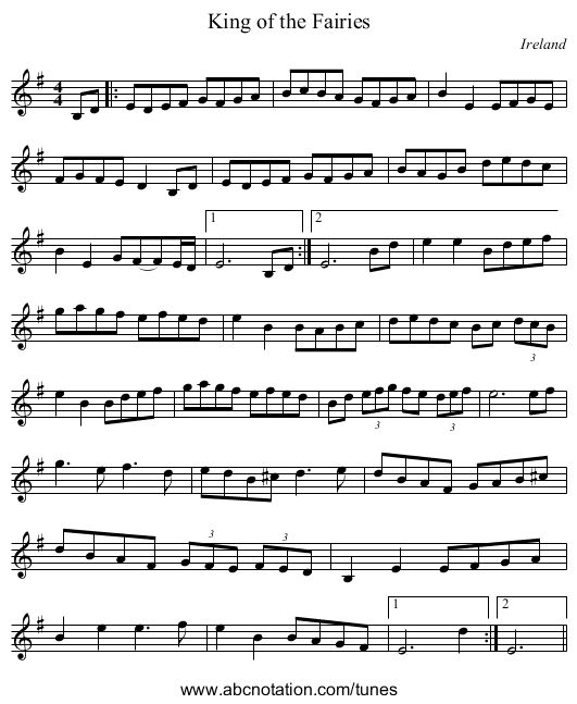 King of the Fairies - staff notation