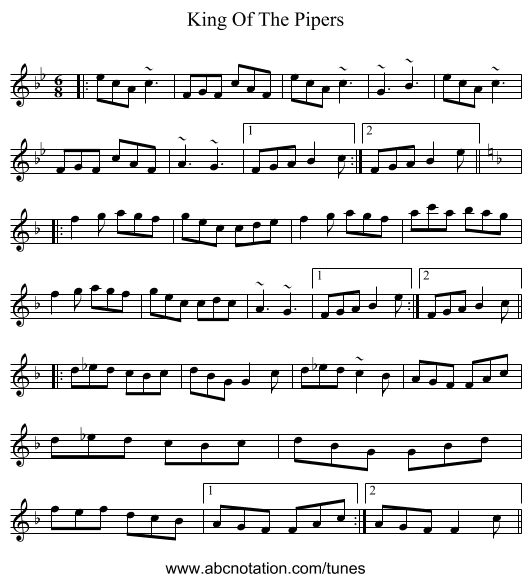 King Of The Pipers - staff notation