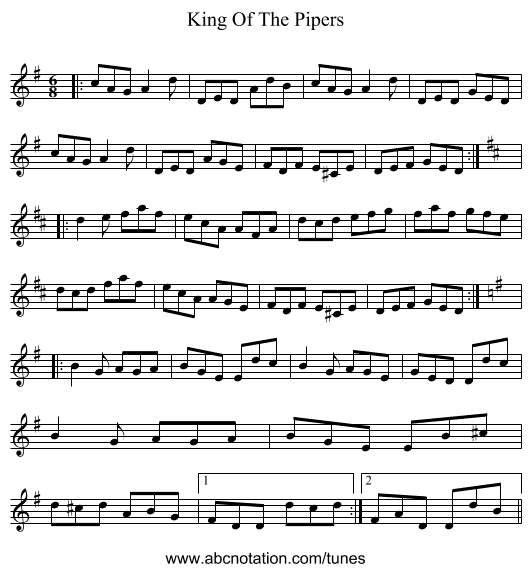 King Of The Pipers - staff notation