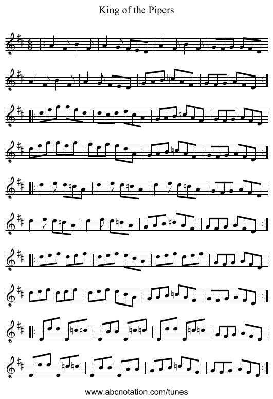 King of the Pipers - staff notation